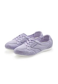 Purple athletic shoes featuring a mix of smooth suede and breathable mesh, with a rounded toe, lace-up design, and white sole.