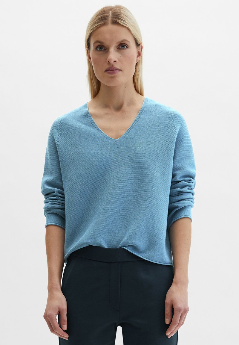 Blonde Frau, die einen hellblauen V-Ausschnittpullover mit hochgekrempelten Ärmeln und dunkle Hosen trägt, steht vor einem schlichten weißen Hintergrund.