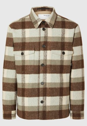 Plaid shirt jacket in brown, cream, and green tones. Made of wool blend, featuring a collar, button front, and two chest pockets.