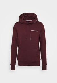 Burgundowa bluza z kapturem wykonana z miękkiego materiału, z przednią kieszenią, troczkami i nadrukowanym napisem „NEW YORK, EST.1985” na piersi.