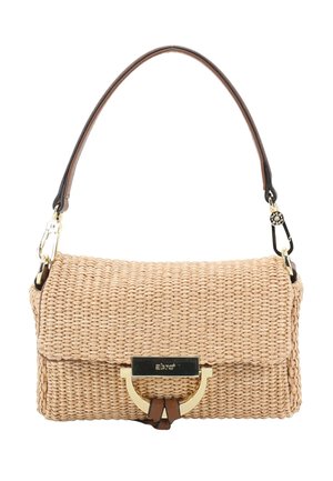 Woven beige handbag with a flap closure, gold-tone clasp, and single brown shoulder strap with gold and black hardware.