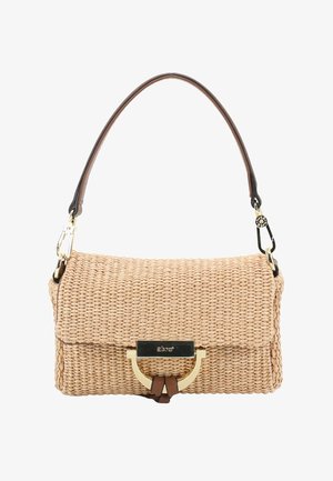 Woven beige handbag with a flap closure, gold-tone clasp, and single brown shoulder strap with gold and black hardware.
