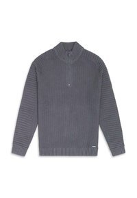 Grauer Pullover mit hohem Kragen, ausgestattet mit strukturiertem Rippenmuster, durchgehendem Reißverschluss und bequemen Rippenbündchen und -saum.