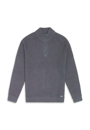 Šedý svetr s vysokým límcem, s texturovaným žebrovaným designem, plným zipem a pohodlnými žebrovanými manžetami a spodním lemem.