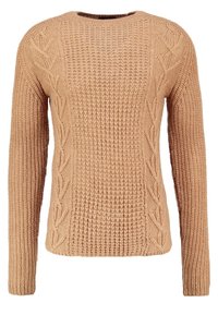 Maglione lavorato a maglia in beige chiaro, con un motivo a trecce testurizzato sui lati e un colletto rotondo. Maniche lunghe con polsini a coste.