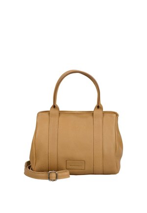 Hellbraune Lederhandtasche mit zwei Griffen und verstellbarem Schulterriemen, rechteckiger Form und dezenter Textur.