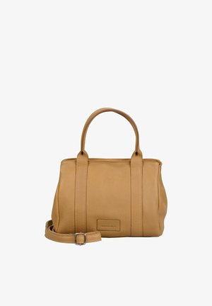 Hellbraune Lederhandtasche mit zwei Griffen und verstellbarem Schulterriemen, rechteckiger Form und dezenter Textur.