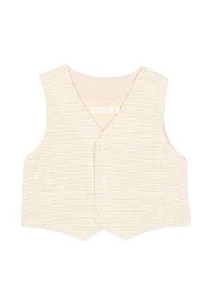 Gilet beige senza maniche con sottili strisce orizzontali, scollo a V, tre bottoni sul davanti e due tasche anteriori.