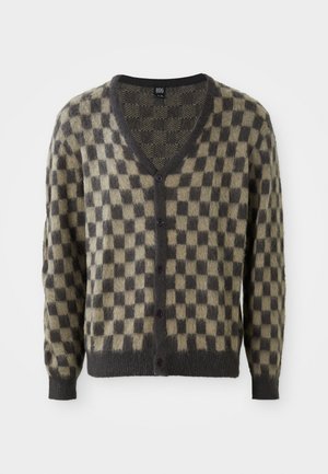 V-neck cardigan in checkered pattern featuring shades of olive and dark gray. Made of soft, textured material with buttons down the front.