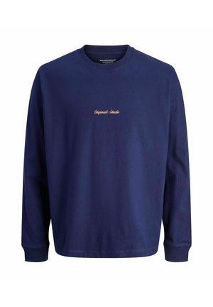 Mörkblå långärmad sweatshirt i bomull, med rund halsringning och broderad text i guld, samt ribbade muddar och nederkant.