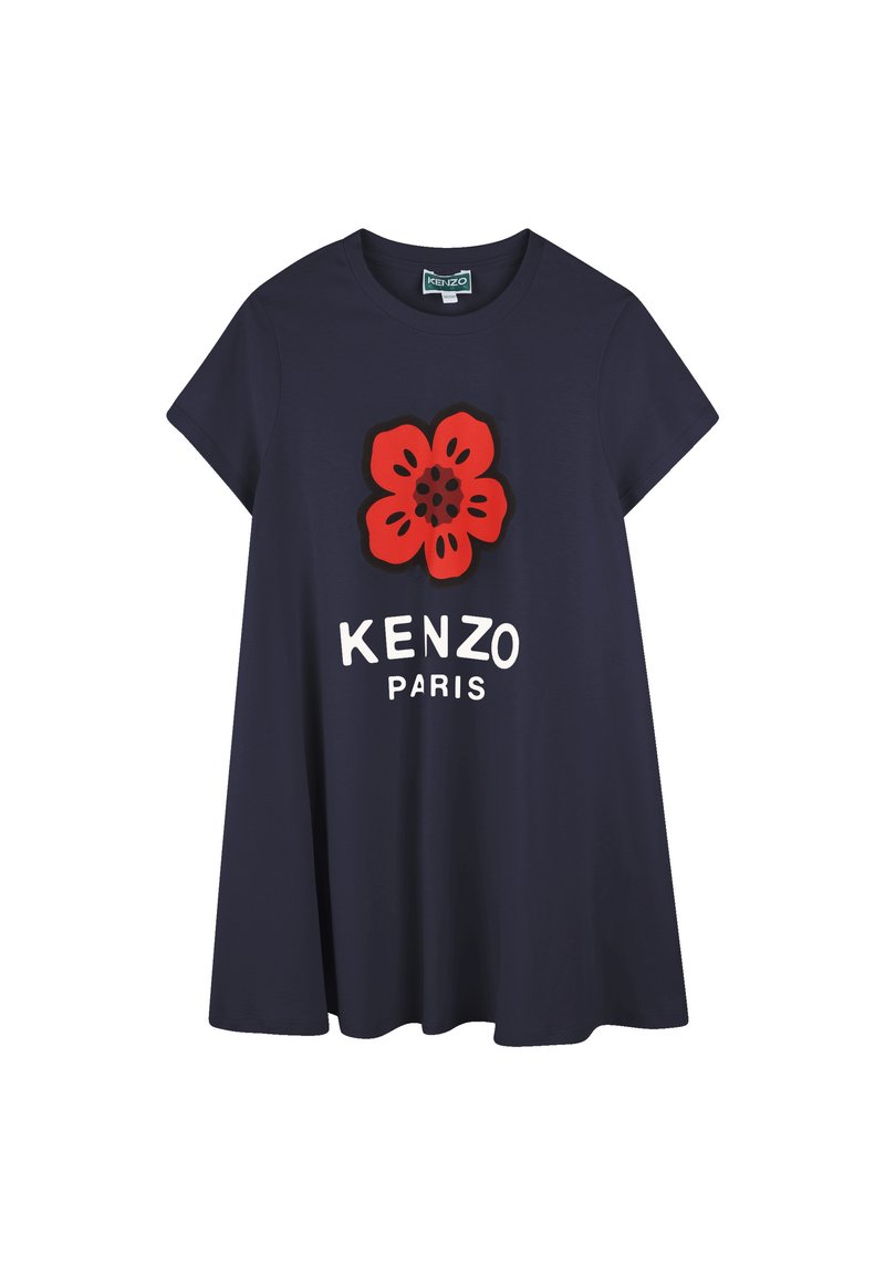 T-shirt en coton bleu marine à manches courtes, ornée d'un grand motif de fleur rouge et du texte "KENZO PARIS" en blanc en dessous. Forme évasée.