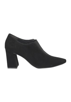 Black suede block-heel shoe with a pointed toe and smooth design. Features a slip-on style and a clean, minimalist silhouette.