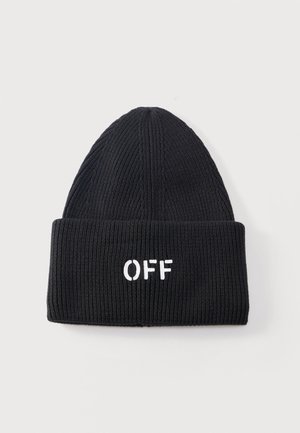 Fekete bordás kötött sapka hajtott szegéllyel, előlapján fehérrel hímzett "OFF" felirattal a középső részen.