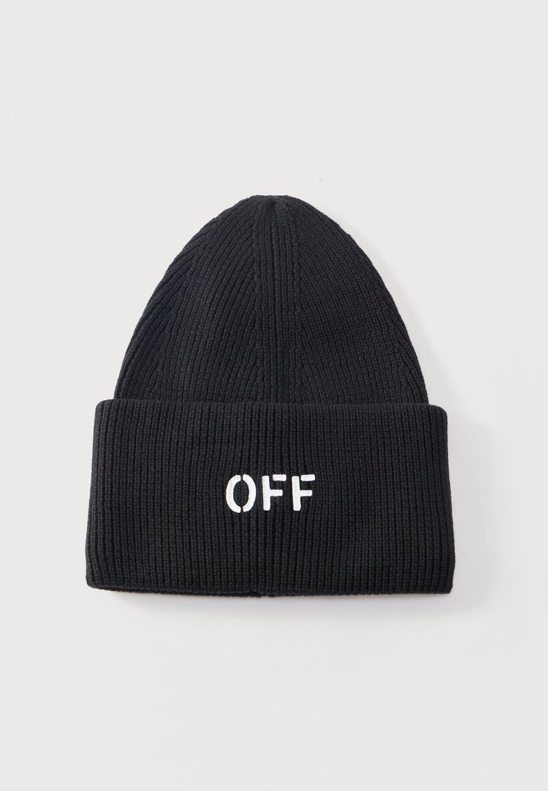 Μαύρο ριμπ πλεκτό σκούφο με διπλωμένη μανσέτα που φέρει τη λέξη "OFF" κεντημένη με λευκό στη μέση του μπροστινού μέρους.