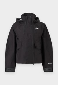 Črna nepremočljiva jakna The North Face s kapuco, sprednjim zadrgo, nastavljivimi manšeti in Gore-Tex blagovno znamko na rokavu.