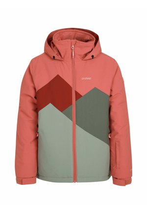Veste d'hiver colorée avec un design géométrique rose et vert, dotée d'une capuche, d'une fermeture éclair à l'avant et de poignets élastiques pour la chaleur et un bon ajustement.