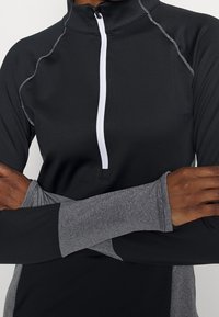 Black quarter-zip long sleeve top featuring a white zipper, gray accents on the cuffs, and a smooth, stretchy texture.