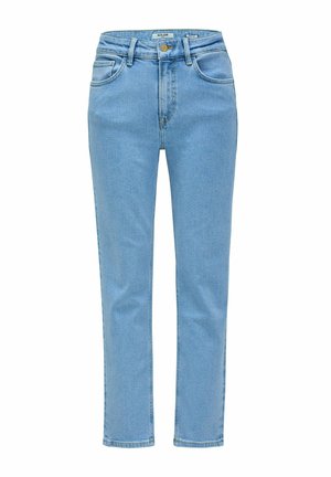 Jeans de mezclilla azul claro con corte recto, diseño de cinco bolsillos y cierre de botón y cremallera en la parte delantera. Detalle de costura simple.