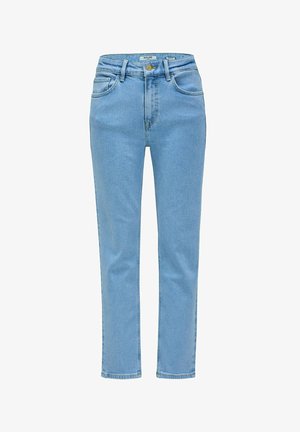 Jeans de mezclilla azul claro con corte recto, diseño de cinco bolsillos y cierre de botón y cremallera en la parte delantera. Detalle de costura simple.