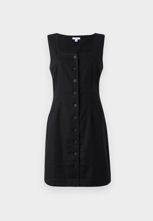 Črna brezrokavna obleka s kvadratnim dekoltejem, z sprednjimi gumbi in prilegajočo silhueto. Narejena iz gladkega materiala z rahlim sijajem.