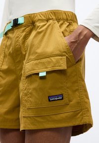 Καφέ σορτς με πλευρική τσέπη και λογότυπο Patagonia, φορεμένα με ανοιχτό μπλε ζώνη και χέρι μερικώς μέσα στην μπροστινή τσέπη.