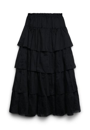 Jupe midi noire à volants superposés avec taille élastique froncée, fabriquée à partir d'un tissu léger et brillant.