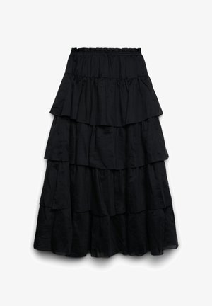 Jupe midi noire à volants superposés avec taille élastique froncée, fabriquée à partir d'un tissu léger et brillant.