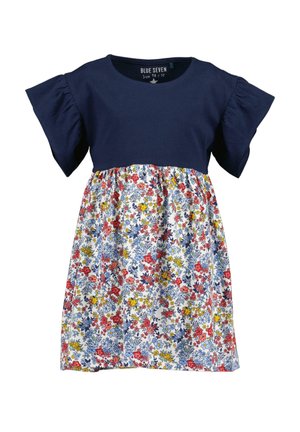 Abito navy a maniche corte con busto aderente e maniche a campana; stampa floreale in rosso, giallo e blu sulla gonna.