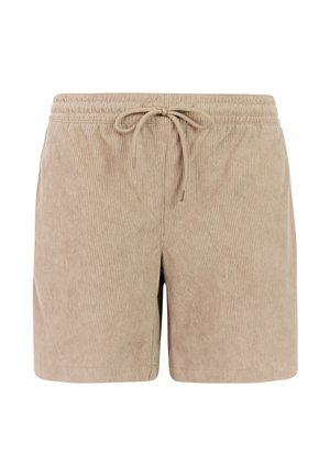 Beige corduroyshorts met elastische tailleband en gestrikte trekkoord, met een eenvoudig, rechte snit.