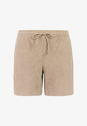 Beige corduroyshorts met elastische tailleband en gestrikte trekkoord, met een eenvoudig, rechte snit.
