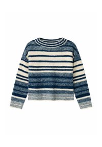 Sweter w paski w granatowym i kremowym kolorze, wykonany z teksturowanej dzianiny, z okrągłym dekoltem i długimi rękawami, w krótkim fasonie.