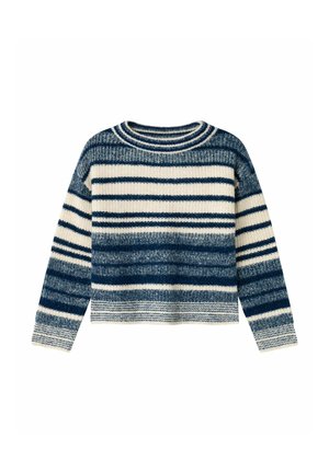 Pull rayé en bleu marine et crème, fabriqué en tissu tricoté texturé, avec un col rond et des manches longues, au design court.