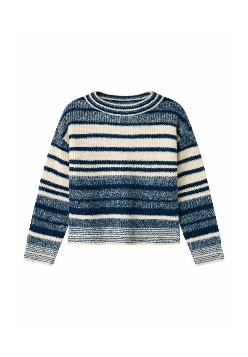 Sweter w paski w granatowym i kremowym kolorze, wykonany z teksturowanej dzianiny, z okrągłym dekoltem i długimi rękawami, w krótkim fasonie.
