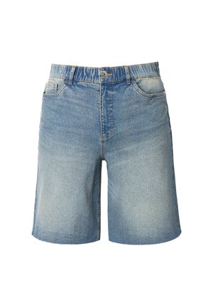 Lyseblå denimshorts med løs pasform, elastisk taljebånd, fem lommer og let falmet stof.
