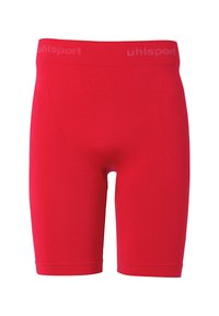Rote Sportshorts aus glattem, dehnbarem Stoff. Mit einem strukturierten Design an den Seiten und einem Logo am Bund.