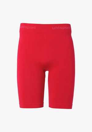 Rode sportieve korte broek van soepel, rekbaar materiaal. Heeft een gestructureerd ontwerp aan de zijkanten en een logo op de tailleband.