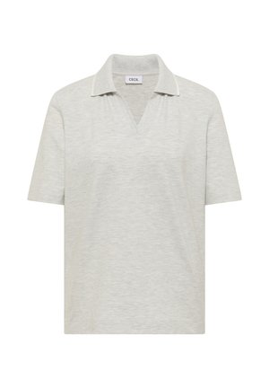 Light grey short-sleeve polo shirt with open V-neck and soft collar, plain texture, label "Cecil" on inside collar.