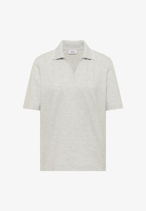 Light grey short-sleeve polo shirt with open V-neck and soft collar, plain texture, label "Cecil" on inside collar.