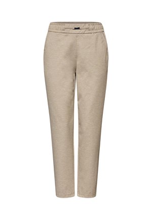 Pantalones beige, ajustados en la parte inferior, con cinturilla elástica y bolsillos. Fabricados con un material suave y texturizado, adecuados para uso casual.
