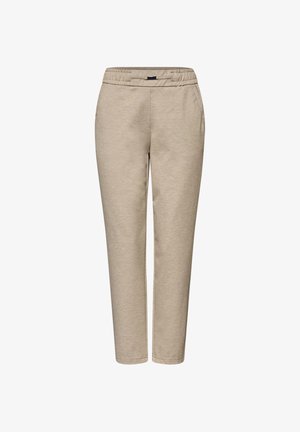 Pantaloni beige a gamba affusolata con vita elasticizzata e tasche. Realizzati in un materiale morbido e texture, adatti per un abbigliamento casual.