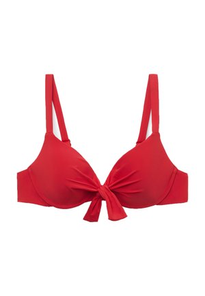 Haut de bikini rouge avec un centre noué, des bonnets moulés, des bretelles ajustables et une texture lisse. Convient pour la baignade.