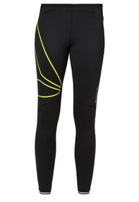 Schwarze Sportleggings mit gelben Akzenten und diagonalem Muster, aus dehnbarem Material gefertigt. Sie verfügen über eine glatte Textur und einen elastischen Bund.