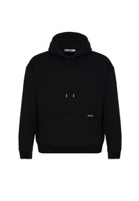 Black hoodie made of soft, textured fabric. Features a front pocket, drawstrings, and a small branded detail at the hem.