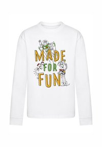 Valge pikkade varrukatega särk, millel on värvikad multifilmitegelased ja kollane-roheline tekst "MADE FOR FUN". Puuvillane materjal ja ümar kaelus.