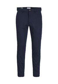 Granatowe spodnie slim-fit wykonane z miękkiego materiału. Wyposażone w zapięcie na guzik, paski na pasek oraz płaski przód bez widocznych wzorów.