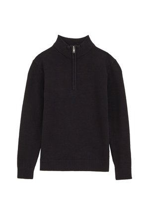 Pull noir texturé en maille avec manches longues, poignets et ourlet côtelés, et une courte fermeture éclair à l'avant sur un col montant côtelé.