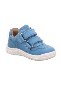 Hellblaue Sneakers mit zwei verstellbaren Klettverschlussriemen, Obermaterial aus glattem Leder, Zunge aus Mesh und weißer Gummisohle mit strukturierten Akzenten.