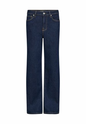 Dunkelblaue Jeans aus Denim mit geradem Bein, ausgestattet mit fünf Taschen, einem Knopf- und Reißverschluss, sowie goldenen Nähten.
