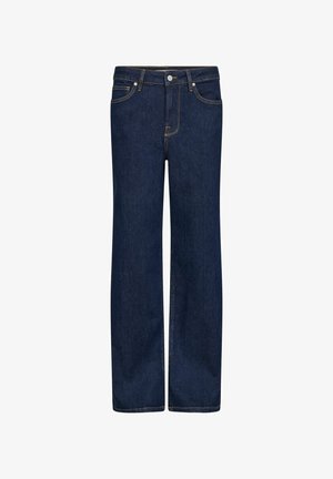 Dunkelblaue Jeans aus Denim mit geradem Bein, ausgestattet mit fünf Taschen, einem Knopf- und Reißverschluss, sowie goldenen Nähten.