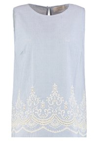 Blusa senza maniche a righe bianche e azzurre, con un delicato bordo in pizzo bianco all'orlo per un tocco di texture e dettaglio.